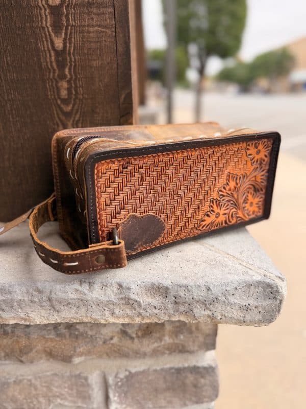 Tooled Leather Buck-stitch Toiletry Bag