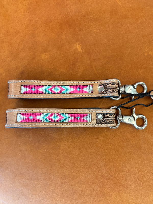 Pink Aztec Tooled Leather Wristlet Strap