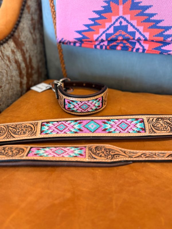 Pink Aztec Tooled Leather Dog Collar